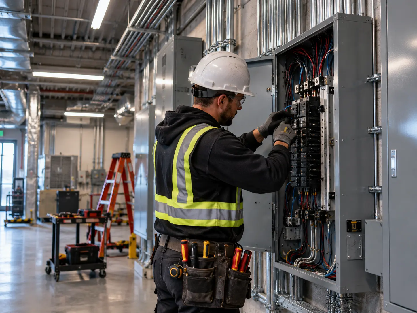 Commercial electrician working in a Caledon restaurant kitchen