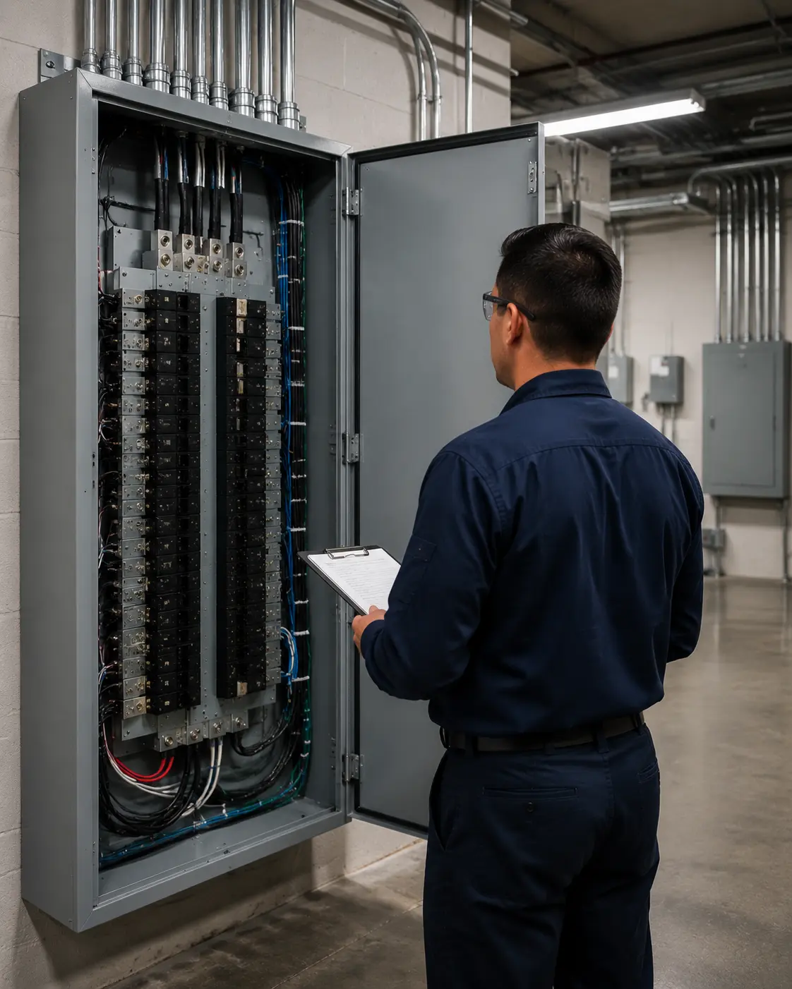 Commercial electrical contractor inspecting a distribution panel in Caledon