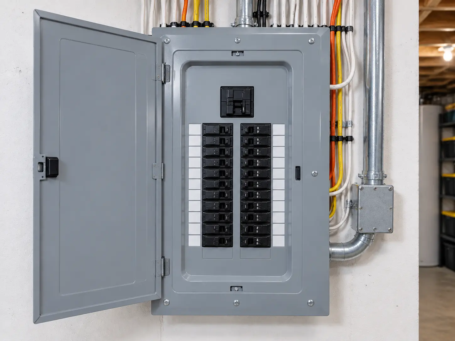 Electrician inspecting an old electrical panel for repair in Caledon